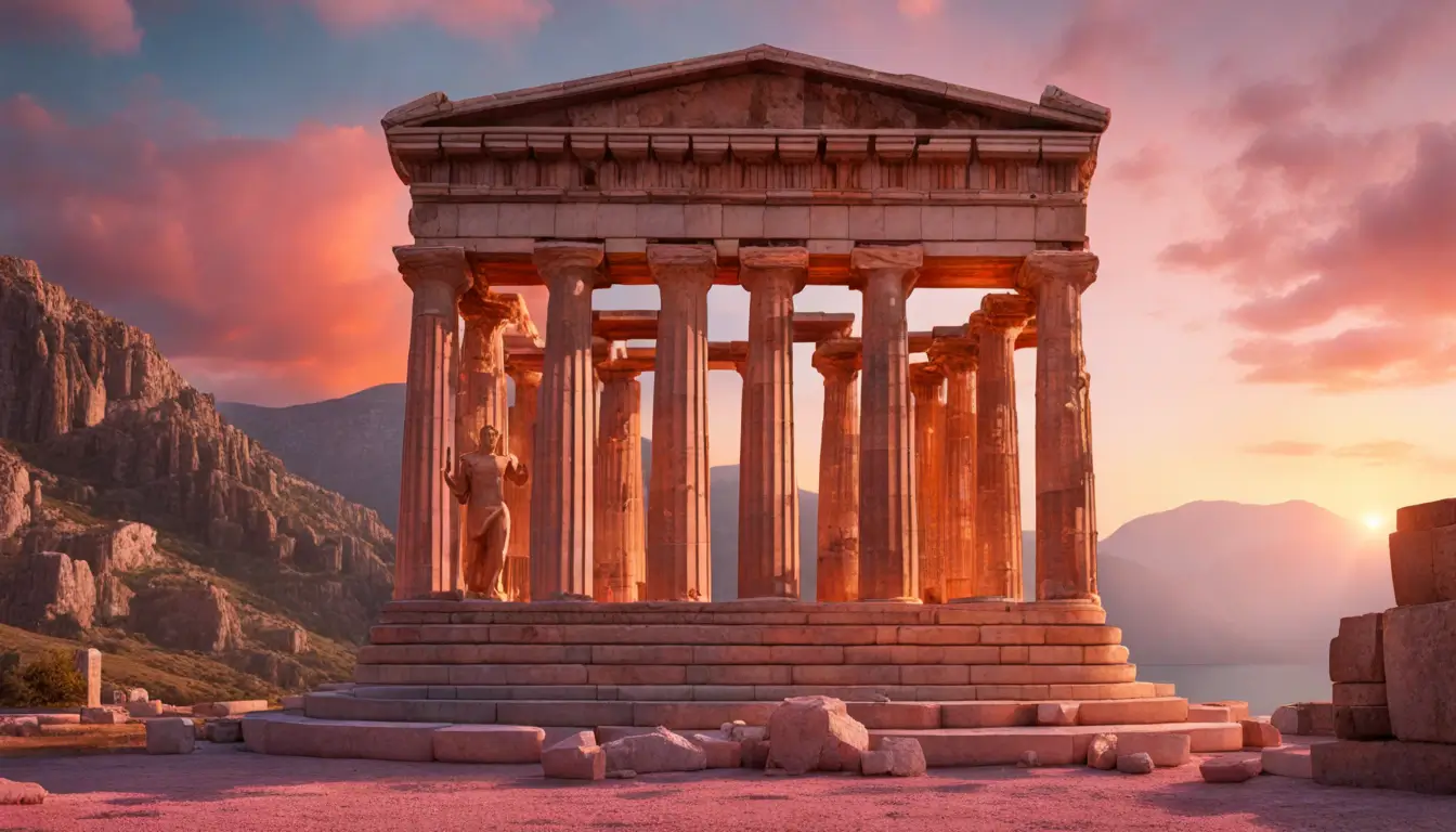 Templo grego antigo ao pôr do sol com estátua de bronze do Oráculo de Delfos, pergaminhos antigos e cristais luminosos.