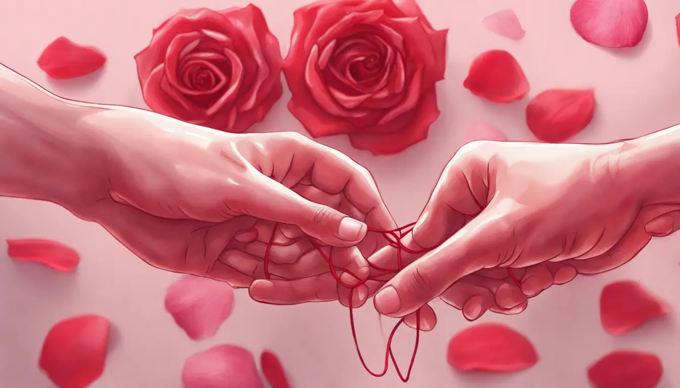 Mãos de um homem e uma mulher unidas por um fio vermelho, simbolizando laços amorosos, com pétalas de rosa ao fundo.