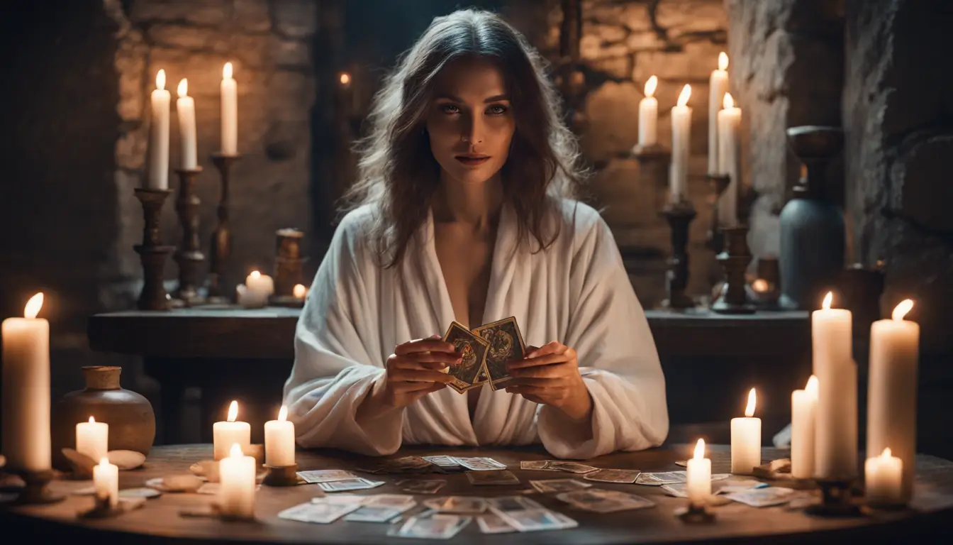 Mulher usando roupas brancas, lendo cartas de tarô e usando uma bola de cristal em uma sala antiga iluminada por velas para prever o futuro.