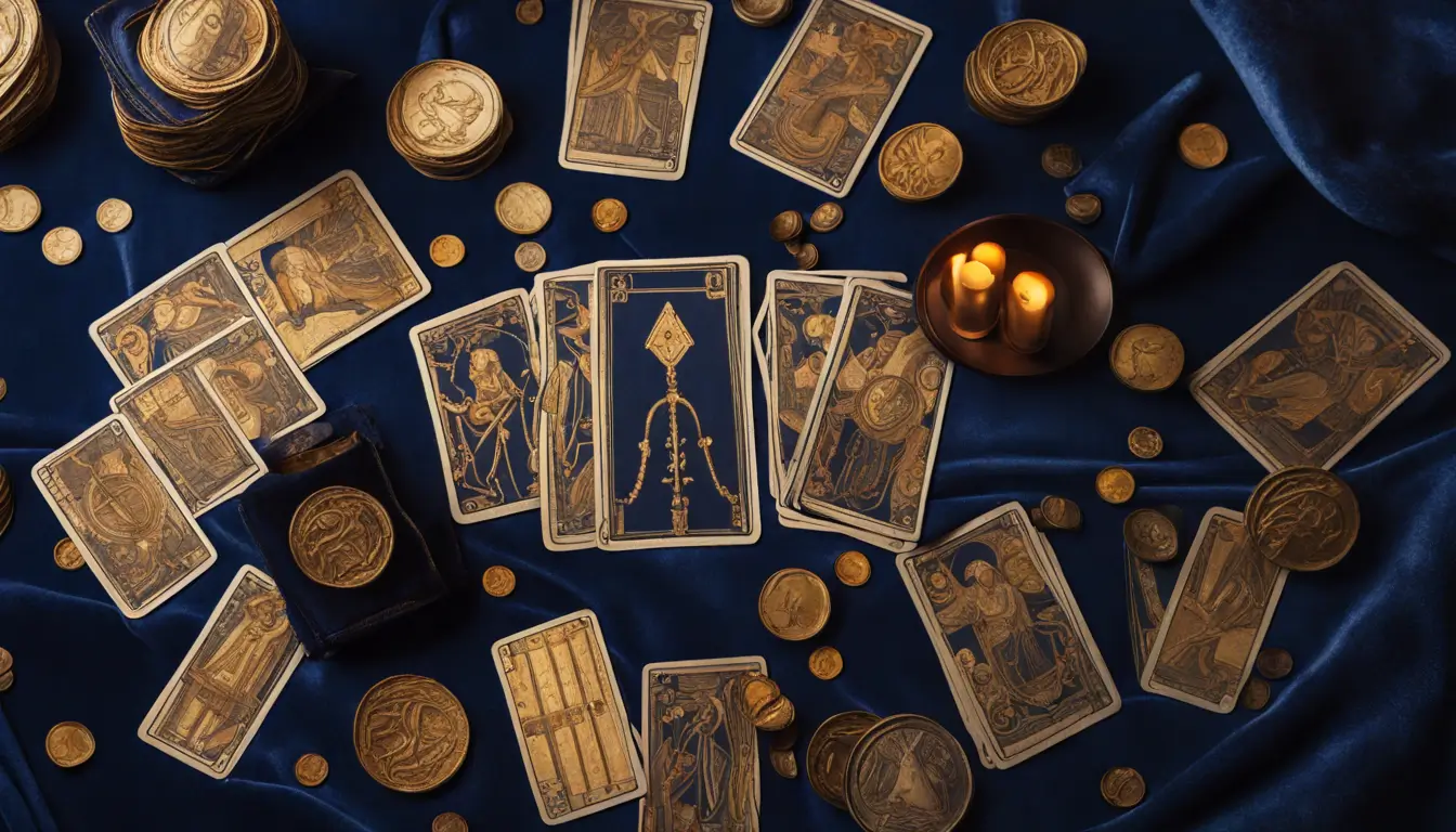 Imagem de uma mesa de madeira com um pano de veludo azul escuro e um baralho de tarot dourado com símbolos financeiros, iluminada suavemente.