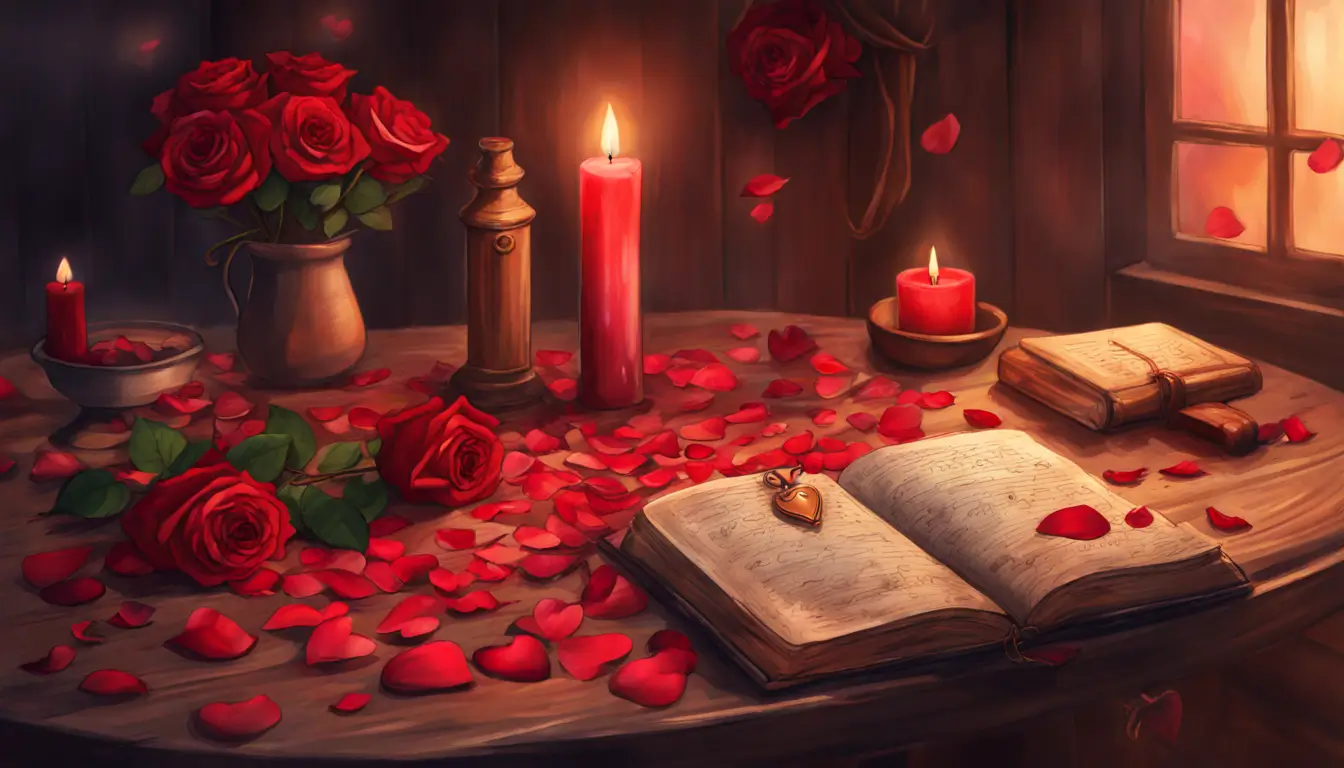 Uma mesa de madeira com velas vermelhas, um medalhão em forma de coração e rosas, elementos de simpatias de amor para reconquistar um amor perdido.