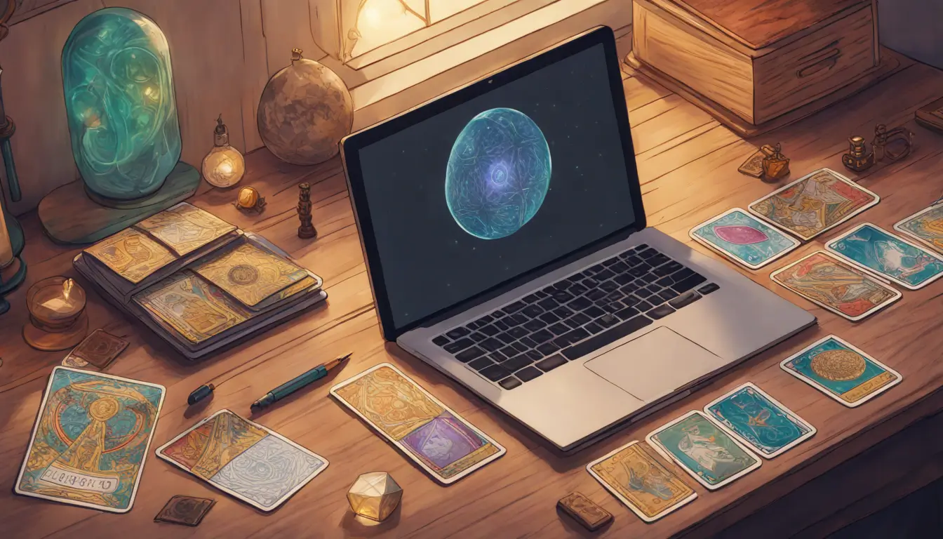 Imagem mostrando um espaço de trabalho com laptop exibindo cartas de tarô na tela, um baralho de tarô ao lado e uma bola de cristal, ideal para entender como iniciar no tarot online.