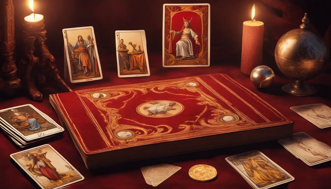 Mesa com pano de veludo vermelho exibindo cartas do Tarô de Marselha e bola de cristal ao lado, iluminação âmbar suave.