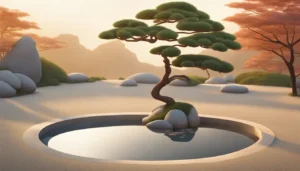 Imagem de um jardim zen japonês ao amanhecer, com pedras lisas, um pequeno lago, areia cuidadosamente penteada e um bonsai, refletindo paz para meditação.
