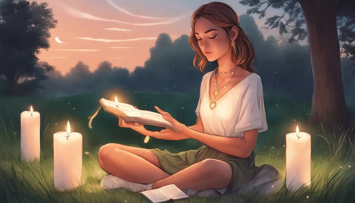 Jovem mulher praticando rituais de Wicca ao ar livre ao entardecer, cercada por velas acesas, refletindo sobre transformação pessoal.