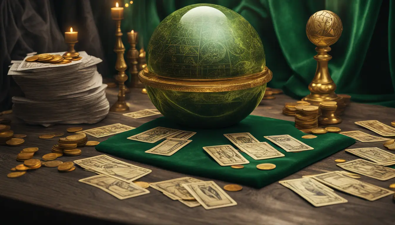 Imagem de uma mesa de madeira com um pano de veludo verde, cartas de tarot espalhadas, uma bola de cristal e pilhas de moedas de ouro com gráficos financeiros ao fundo.