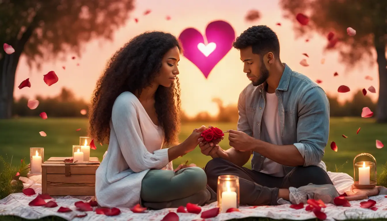 Casal diversificado participa de ritual romântico no parque ao pôr do sol, rodeado por velas e pétalas de rosa, simbolizando amor e conexão.