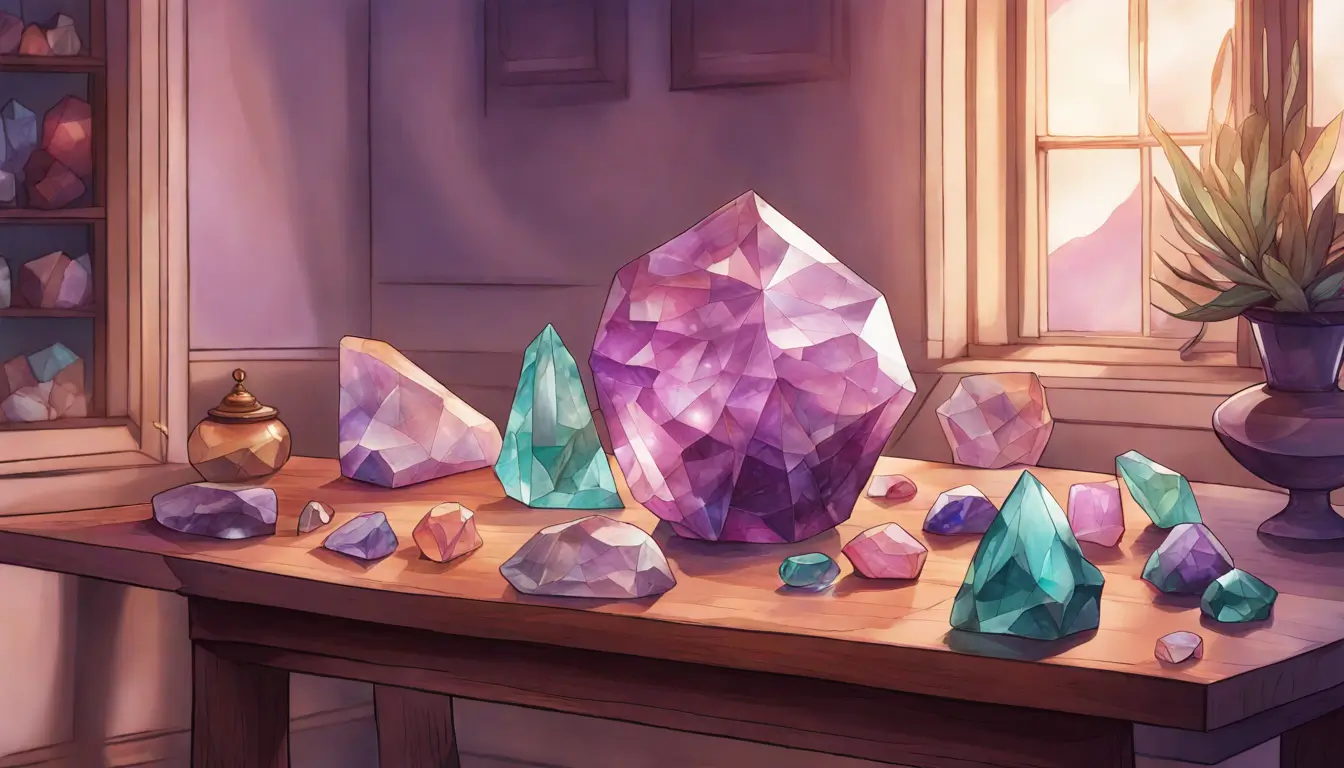 Imagem de uma coleção de cristais e pedras preciosas sobre uma mesa de madeira, ilustrando o tema de harmonização de energias.