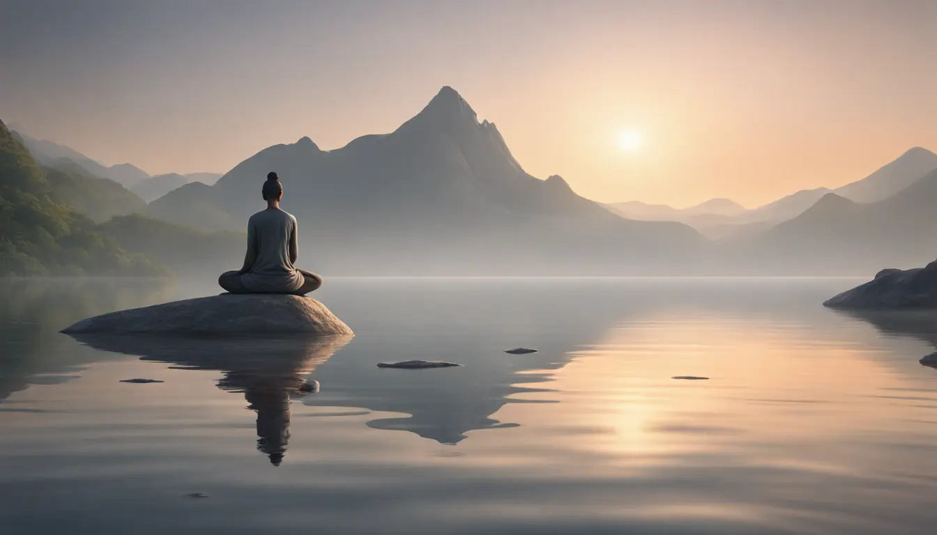 Pessoa meditando em posição de lótus sobre uma pedra, com água calma ao redor e montanhas nebulosas ao fundo ao amanhecer.