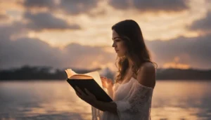 Pessoa explorando sonhos através de um livro mágico, simbolizando o autoconhecimento em uma iluminação azul suave.