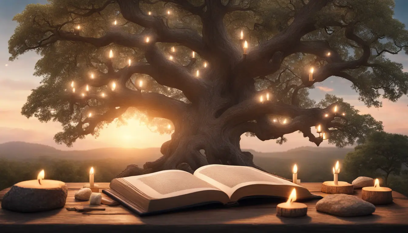 Clareira tranquila em uma floresta ao pôr do sol com um carvalho antigo, velas acesas e um livro aberto sobre uma mesa de madeira.
