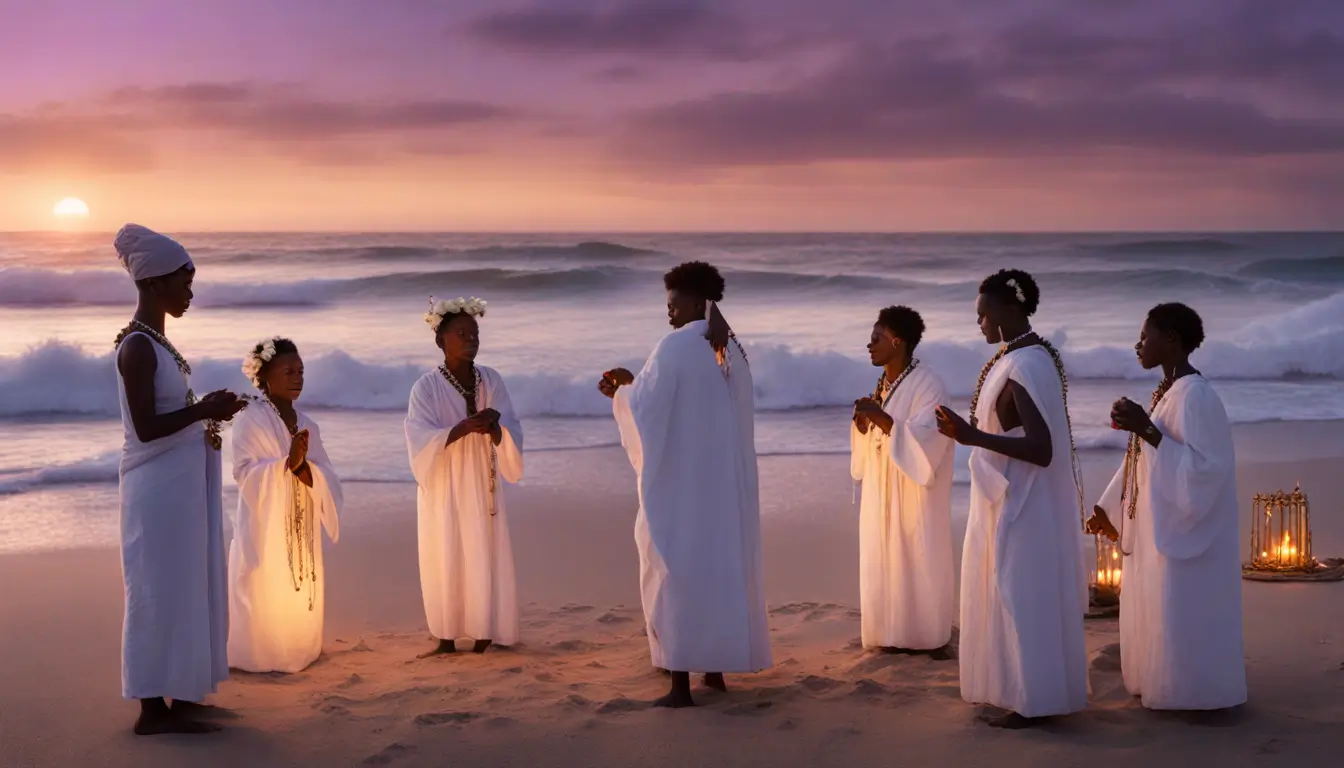 Cerimônia de Umbanda ao entardecer na praia, com médium e seguidores vestidos de branco, altar com velas e flores, e deidades africanas.