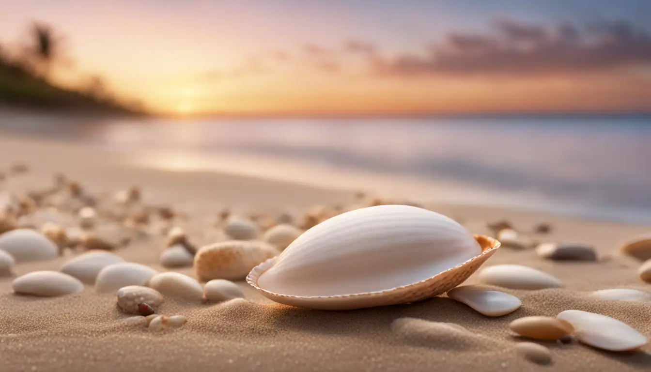 Imagem de uma grande concha de búzio aberta na areia com outras conchas ao entorno, em uma praia tranquila ao pôr do sol.