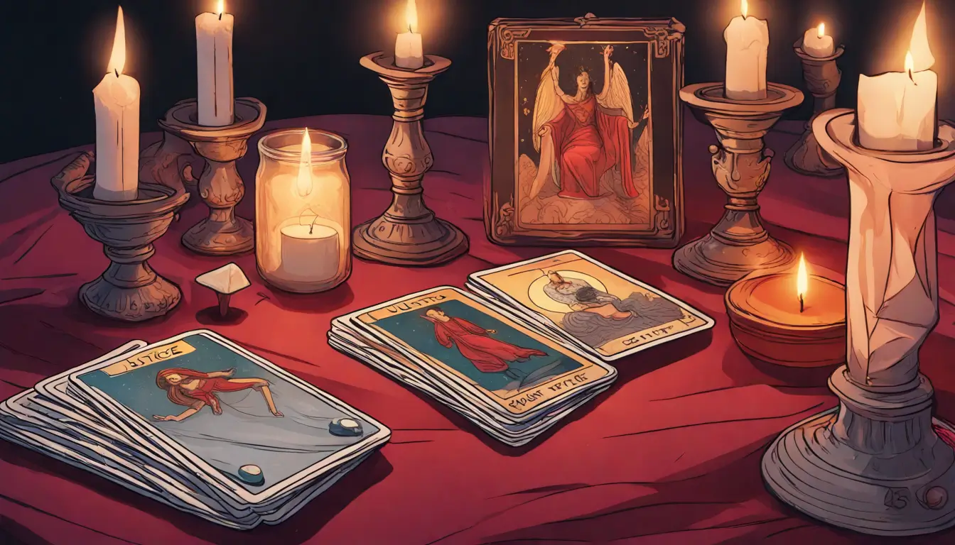 Imagem de uma mesa com tecido de veludo e cartas de Tarot espalhadas, destacando a carta da Justiça, com uma vela acesa e bola de cristal ao lado.
