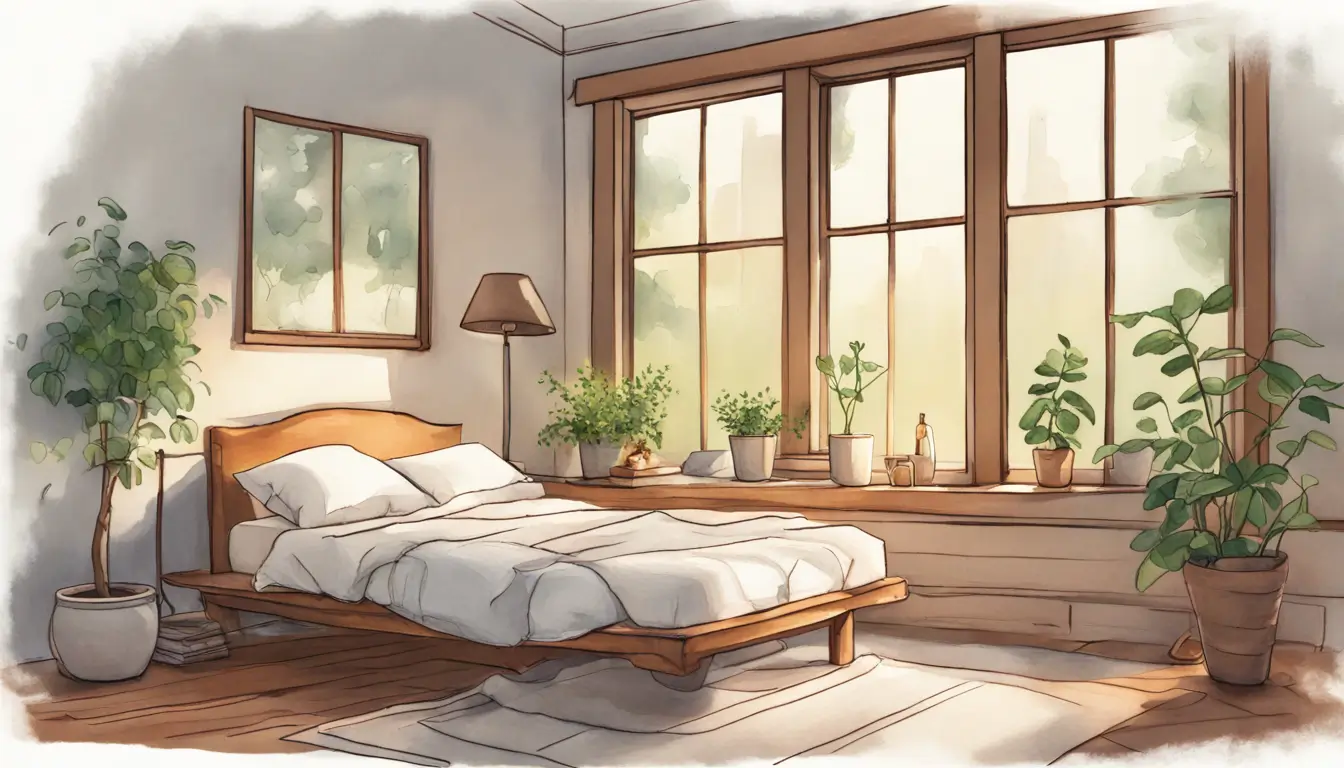Quarto sereno com luz suave da manhã, cama arrumada, diário aberto com caneta-tinteiro, planta verde e chá de ervas, ideal para bem-estar diário.