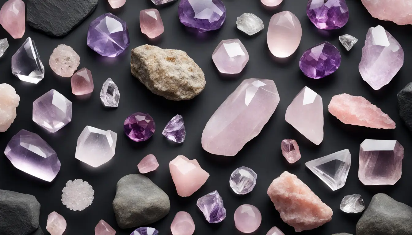 Variedade de pedras e cristais coloridos como ametista e quartzo rosa, arrumados em círculo sobre superfície de ardósia escura.