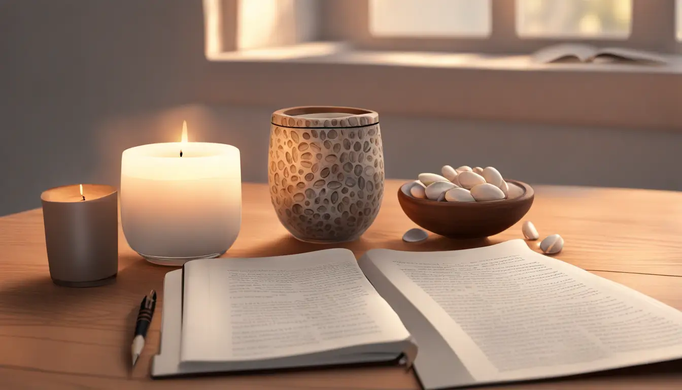 Foto detalhada de búzios espalhados em uma mesa de madeira com uma vela branca acesa e um livro aberto, simbolizando conexões espirituais.