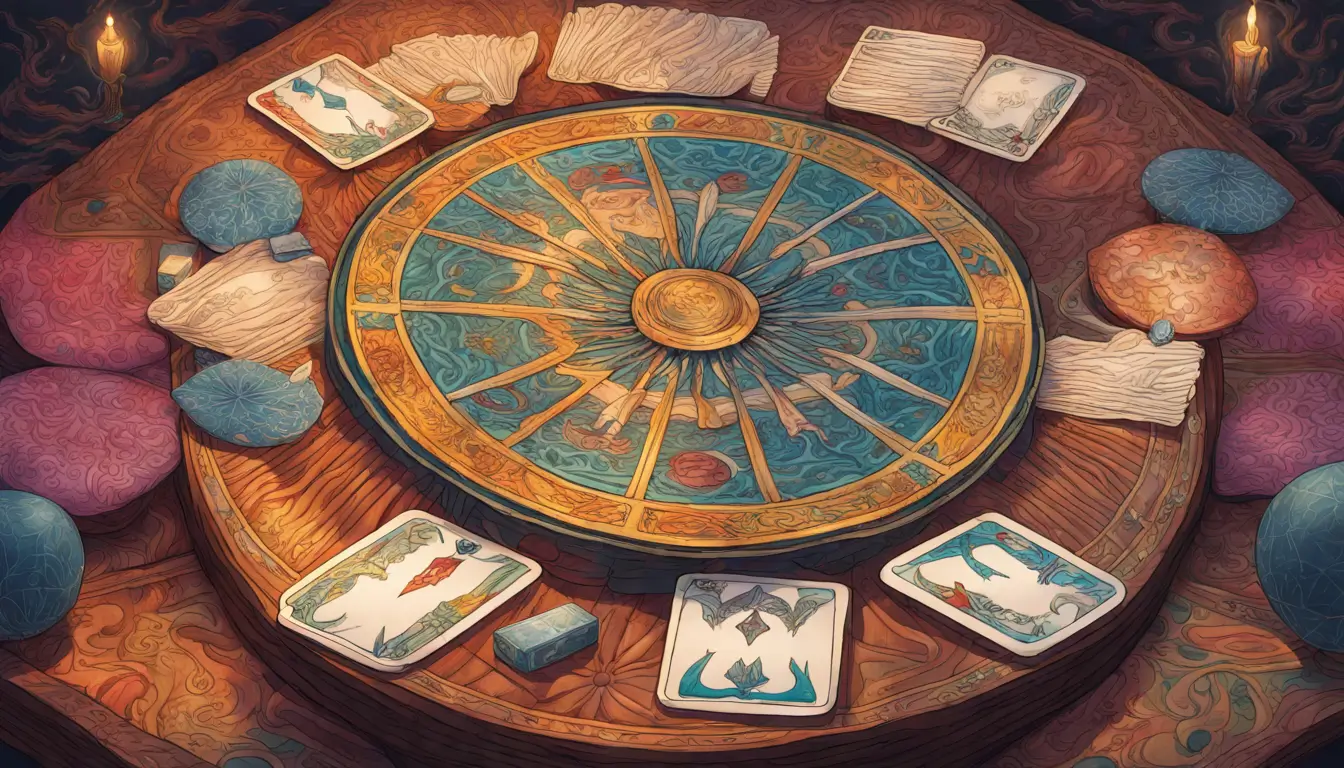 Uma mesa de madeira com um pano colorido e um baralho de Tarot espalhado, acompanhado de uma bola de cristal iluminada.