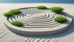 Imagem de um jardim Zen minimalista com pedra cinza e areia branca, cercado por bambus verdes, simbolizando meditação e paz interior.