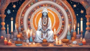 Altar de Umbanda com figura central vestida de branco, cercada por velas e oferendas, sob céu estrelado com lua crescente.