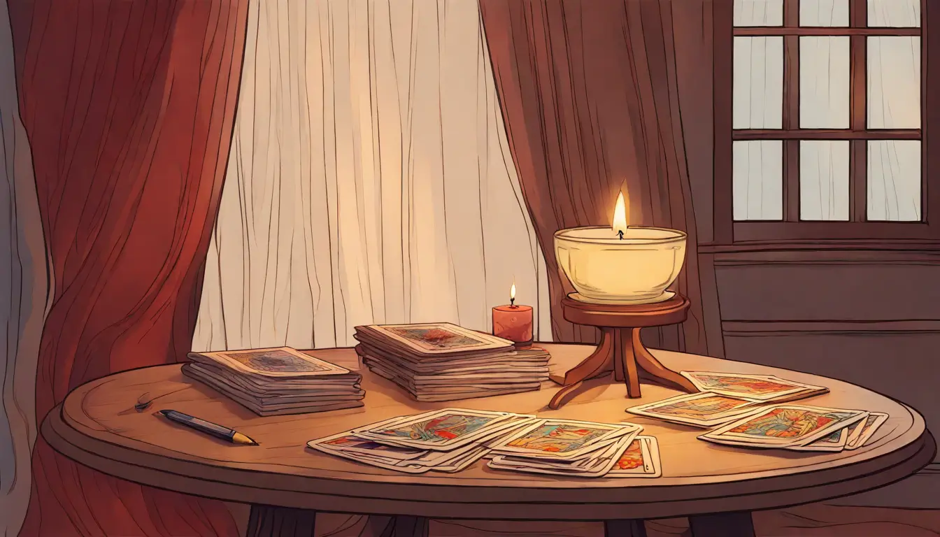 Imagem de uma mesa de madeira com cartas de tarot espalhadas e uma vela acesa, iluminando suavemente o ambiente para um guia de autoconhecimento através do tarot.