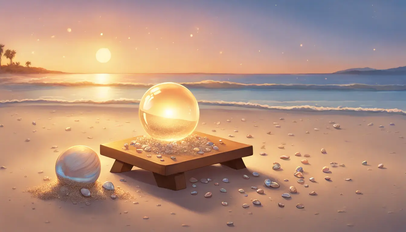 Uma mesa de madeira com búzios e bola de cristal na areia da praia ao pôr do sol, refletindo a luz dourada no mar.