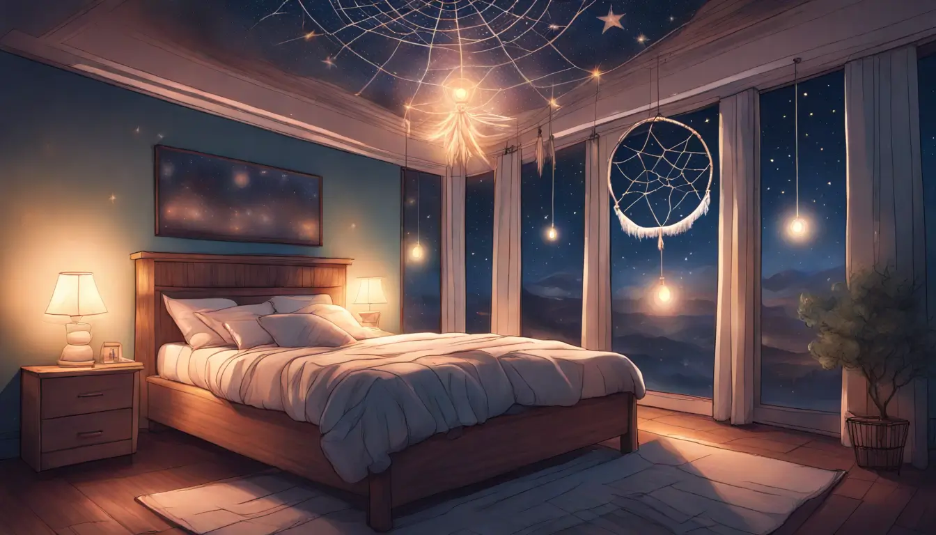 Quarto tranquilo à noite com teto transparente mostrando o céu estrelado e um apanhador de sonhos, ilustrando como sonhos revelam mensagens do subconsciente.