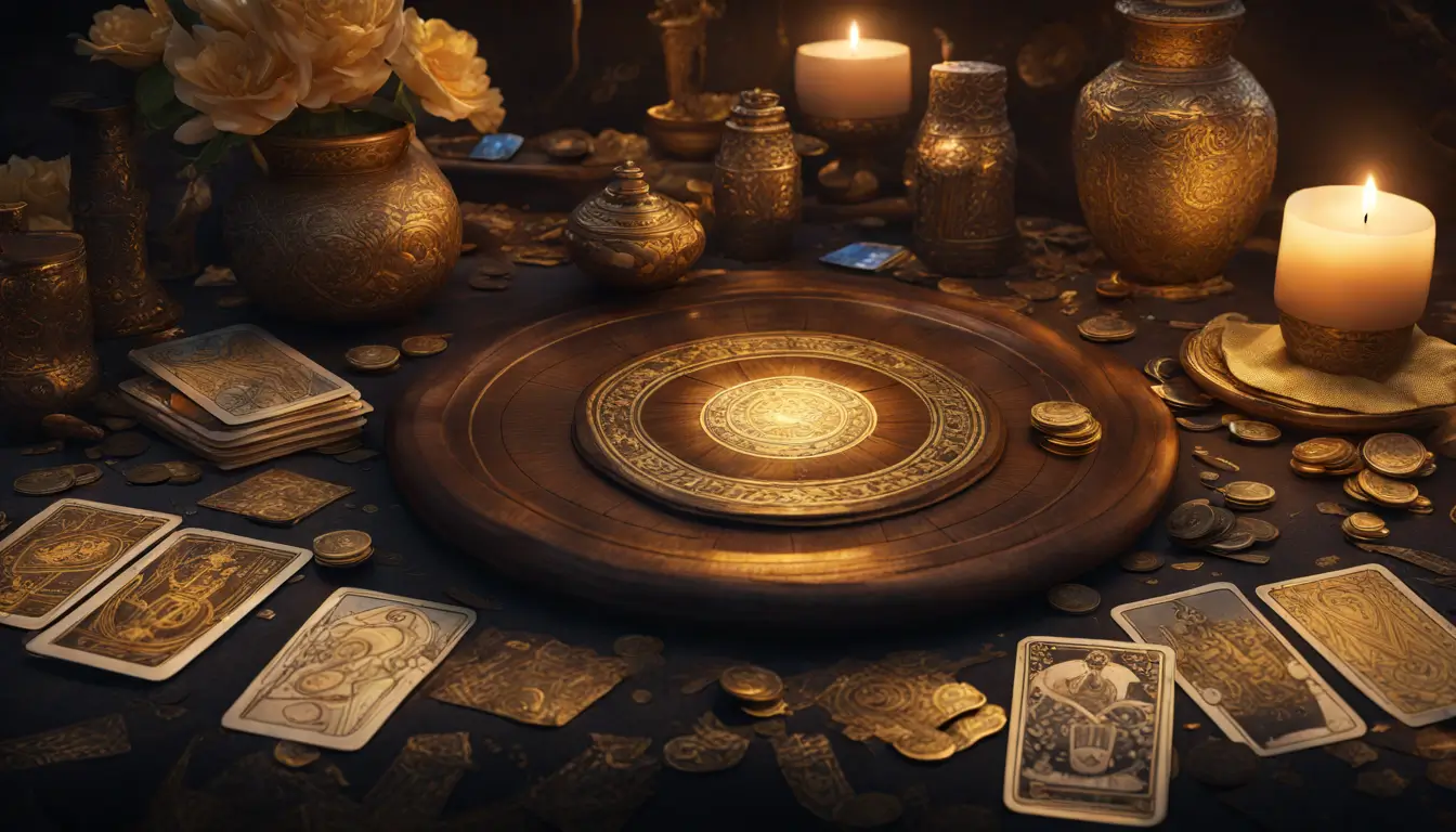 Mesa de madeira escura com um pano de seda dourado exibindo cartas de Tarô detalhadas sob uma iluminação suave, simbolizando prosperidade.