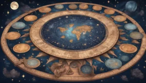 Mesa redonda com mapa celeste e cadeiras representando os signos do zodíaco sob um céu estrelado, ideal para entender seu horóscopo semanal.