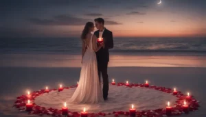 Casal jovem de mãos dadas ao lado de um castiçal ornamentado com velas vermelhas, cercado por pétalas de rosa, em uma praia ao luar.