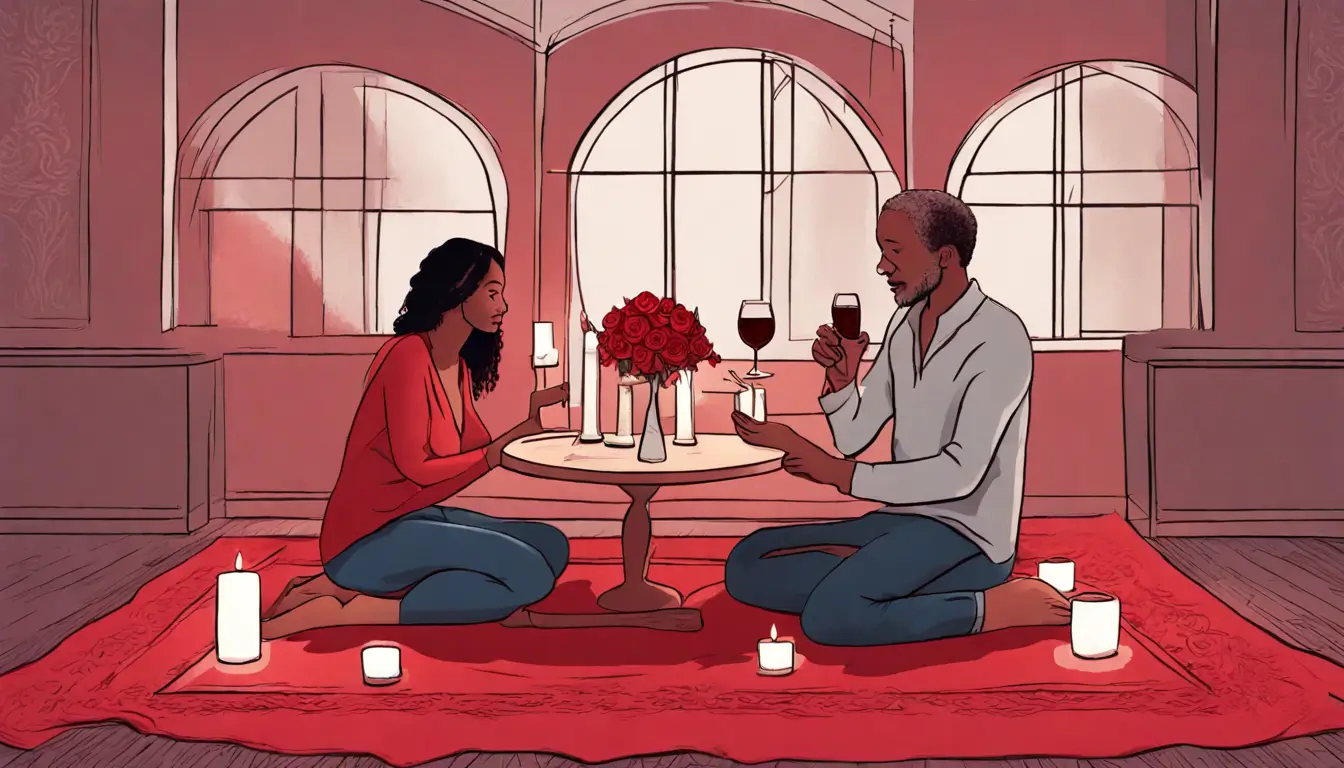 Casal de meia idade de etnias diferentes sentado em um tapete vermelho, rodeado por velas brancas, com rosas vermelhas e vinho tinto, promovendo harmonia no relacionamento.