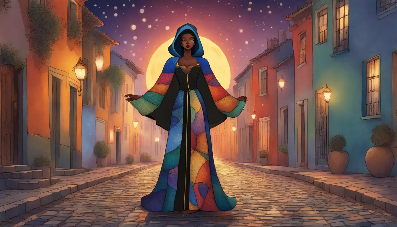 Imagem de uma mulher Afro-Brasileira vestida com um vestido colorido e um manto preto, sob um céu iluminado pela lua, evocando proteção espiritual.