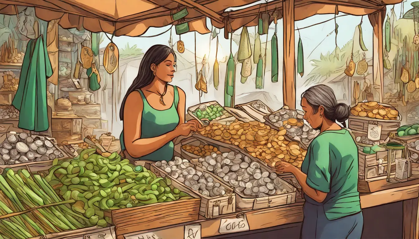 Mercado tradicional brasileiro com amuletos, moedas e velas verdes, simbolizando a busca por prosperidade financeira através de simpatias.