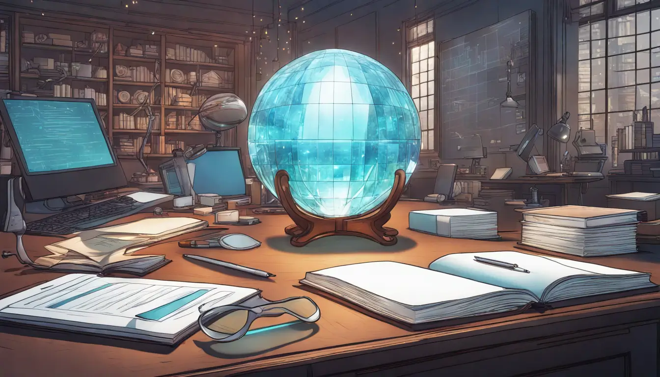 Imagem de uma bola de cristal em um escritório moderno com displays holográficos e livros antigos, ilustrando a fusão de oráculos e tecnologia moderna.