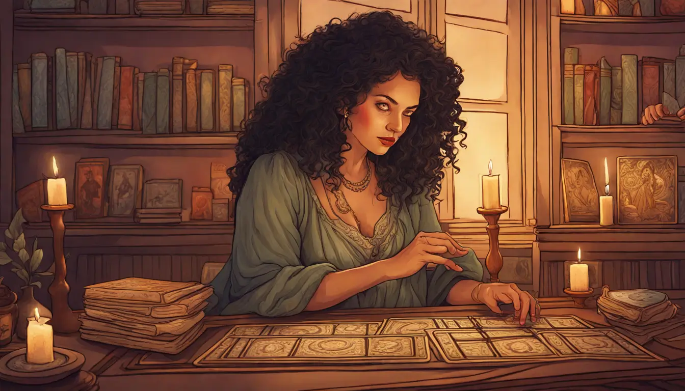 Mulher brasileira, lendo cartas de tarô em uma mesa de madeira, com livros místicos e velas ao fundo, transmitindo uma atmosfera íntima e acolhedora.