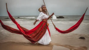 Imagem de Maria Mulambo em trajes tradicionais de Umbanda em uma encruzilhada, simbolizando espiritualidade e força na religião.