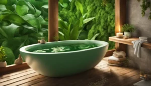 Pessoa relaxando em banheira de madeira com velas, pedras de cristal e plantas verdes, explorando os benefícios dos banhos energéticos.