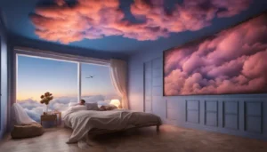 Pessoa deitada em cama flutuante cercada por nuvens e cenas de sonhos projetadas em bolhas, representando a influência dos sonhos na vida.