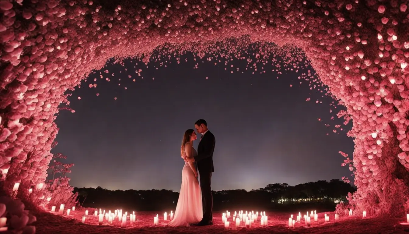 Casal em um ritual romântico, sentado em círculo de velas e pétalas de rosa, com lua cheia ao fundo, simbolizando fortalecimento de relacionamentos.