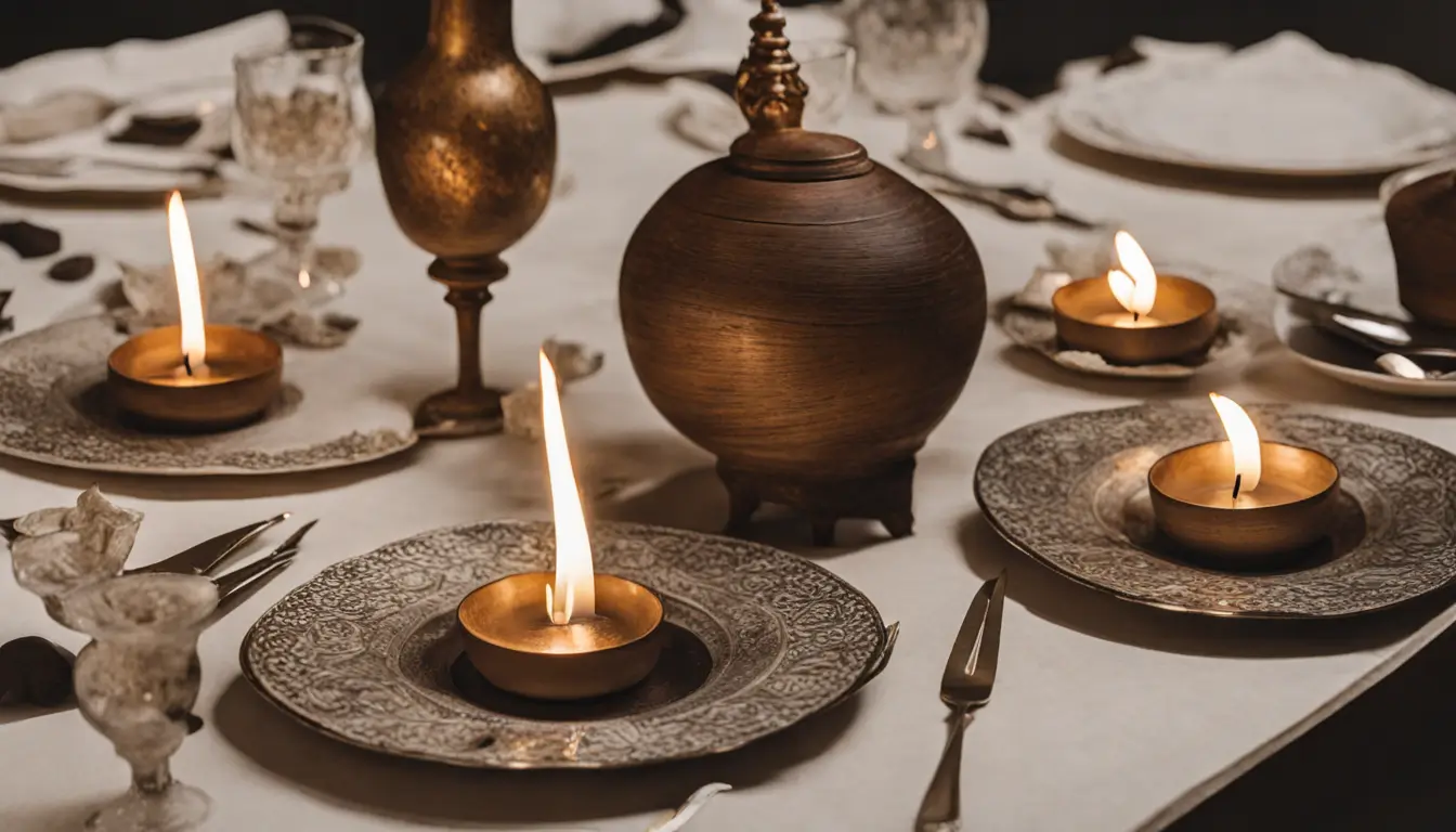 Mesa de madeira escura com velas, moedas, incenso e arroz cru, representando simpatias para atrair prosperidade.