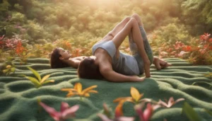 Pessoa meditando em posição de lótus cercada por pedras e cristais coloridos, promovendo bem-estar em um ambiente tranquilo com plantas e iluminação suave.