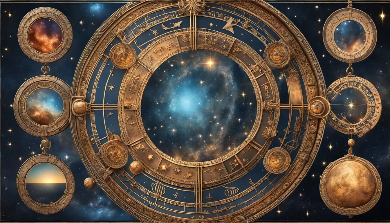 Imagem de uma roda zodiacal colorida com doze signos astrológicos em um céu estrelado, representando a influência dos astros em nossas vidas.