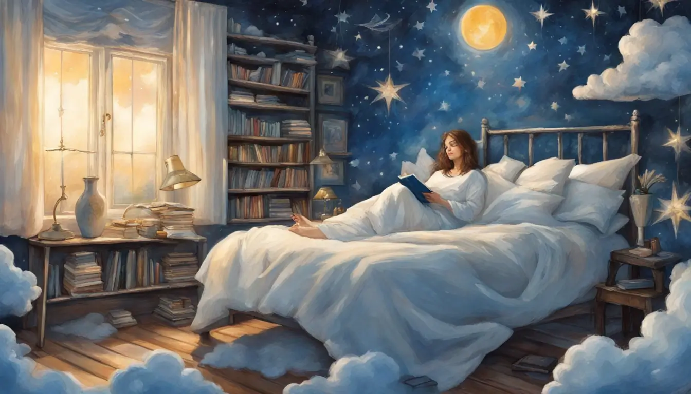 Imagem de pessoa dormindo em cama com livro aberto ao lado, cercada por nuvens, estrelas e lua, representando a interpretação de sonhos para autoconhecimento.