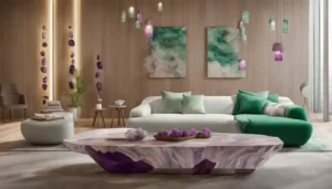 Imagem de uma mesa de madeira clara com pedras e cristais como ametista, quartzo e jade, ao redor de uma vela acesa, em uma sala moderna.