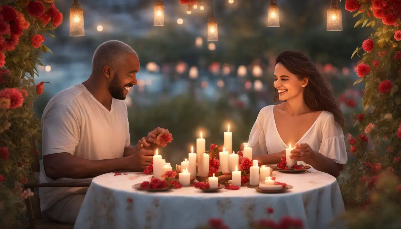 Casal de mãos dadas em um jardim florido com mesa pequena e velas vermelhas, simbolizando relacionamentos saudáveis e simpatias de amor.