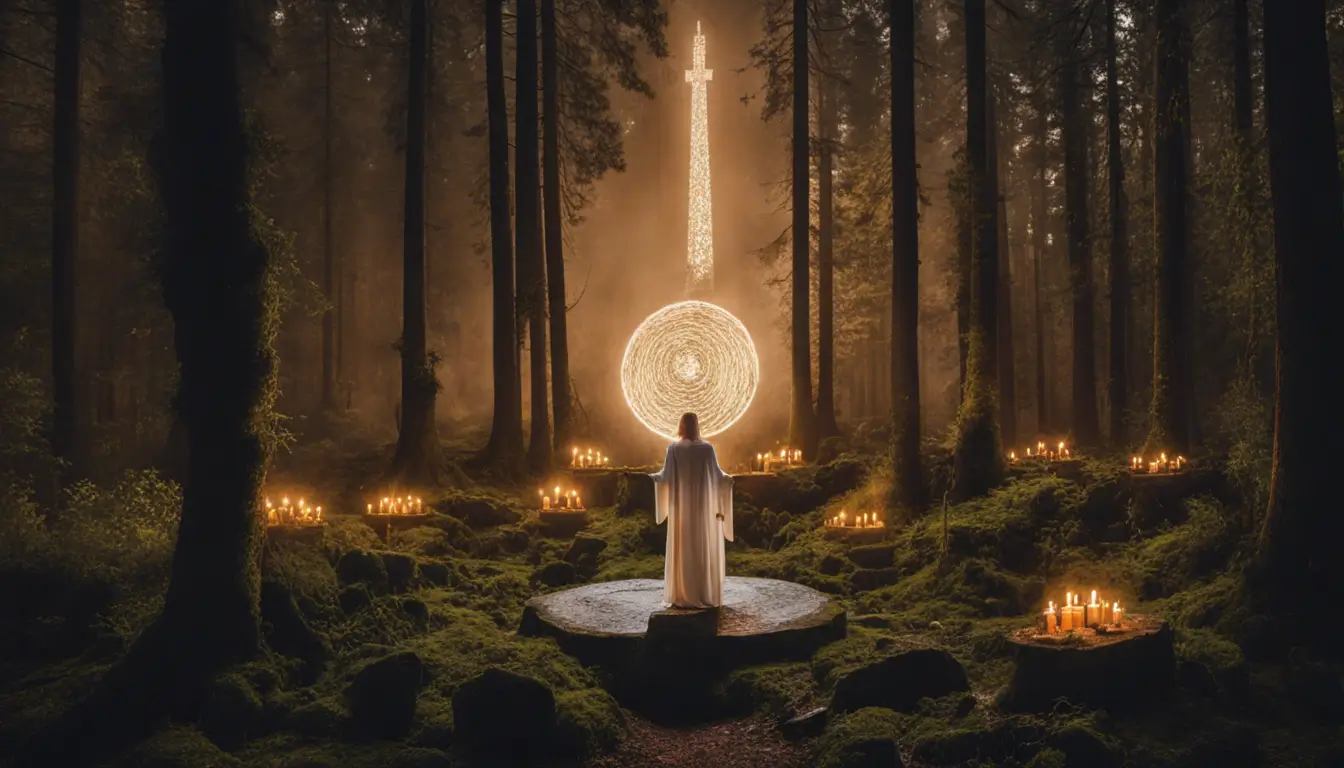 Ritual em clareira na floresta com sacerdotisa wicca, altar com velas, cristais e ervas, e símbolos de pentagramas desenhados no chão.