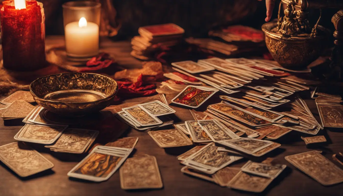 Imagem de uma mesa com cartas de Tarot, moedas douradas e uma vela acesa, simbolizando estratégias de Tarot para melhorar a prosperidade financeira.