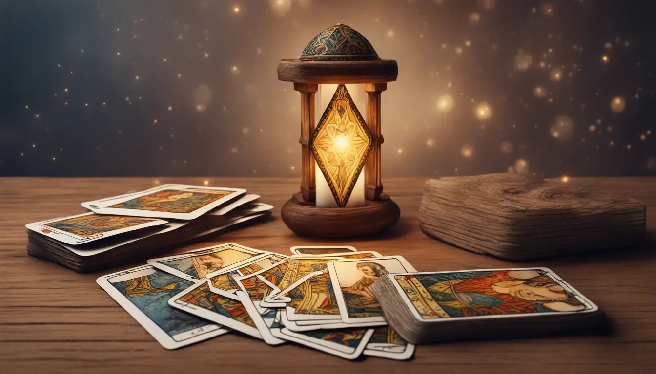 Mesa de madeira escura com cartas de Tarot de Marselha dispostas em cruz, vela acesa à direita e cristal transparente à esquerda, iluminação suave.