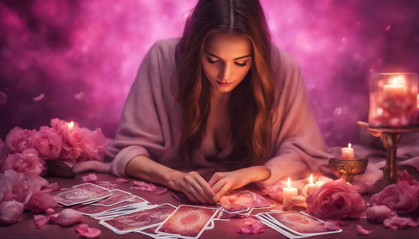 Mão feminina segurando baralho de Tarot com carta dos Amantes destacada, fundo em tons rosa e roxo representando orientação amorosa