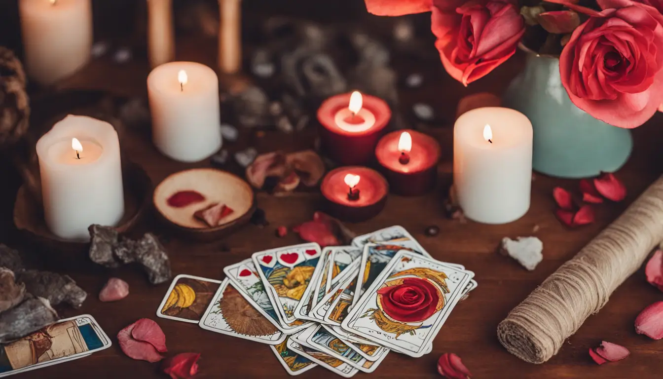 Mãos segurando baralho de Tarot com cartas de amor e relacionamento em uma mesa de madeira, rodeadas por velas acesas e pétalas de rosa vermelhas.